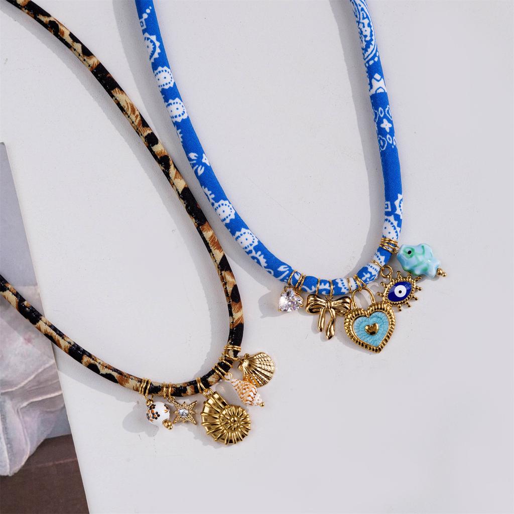 Gold Color Heart Bow Evil Eye Fish Star Pendant Necklace for Women Bohemian Style Colorful Cloth Choker Summer Beach Jewelry