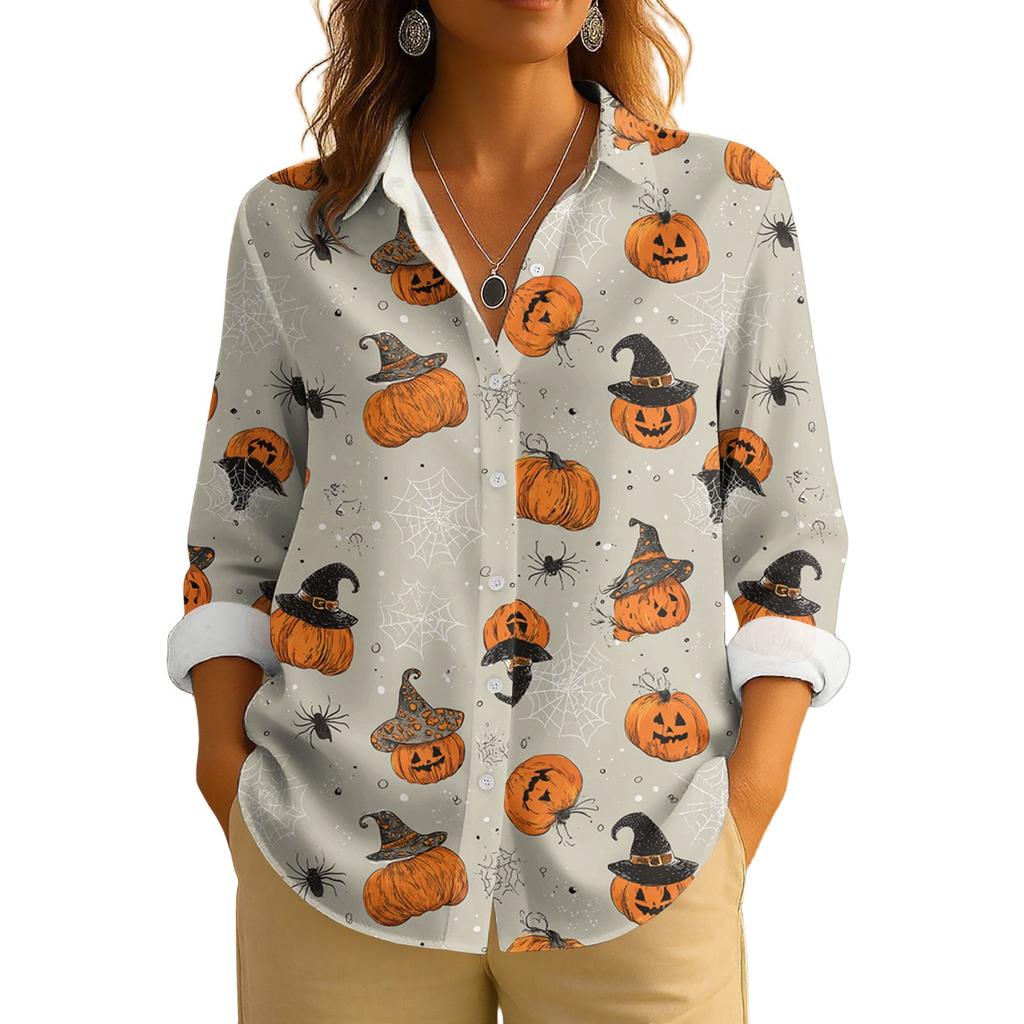 Dame Retro Halloween Trykket Knappelukking Langermet Casual Vanlig Skjortekrage Topp