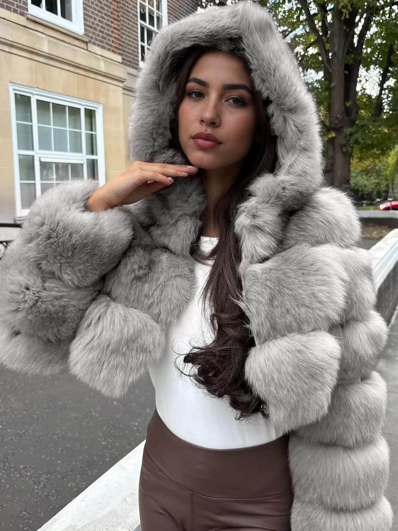 

Экологичная куртка из искусственного меха под короткий мех лисы, топ Spice Girl, теплая плюшевая куртка XXXL серый