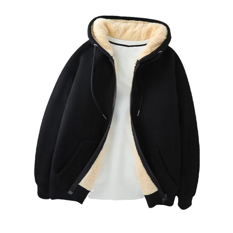 Men's Black Lambskin Hooded Cardigan - Heavyweight Plus Velvet Sweatshirt for Autumn and Winter