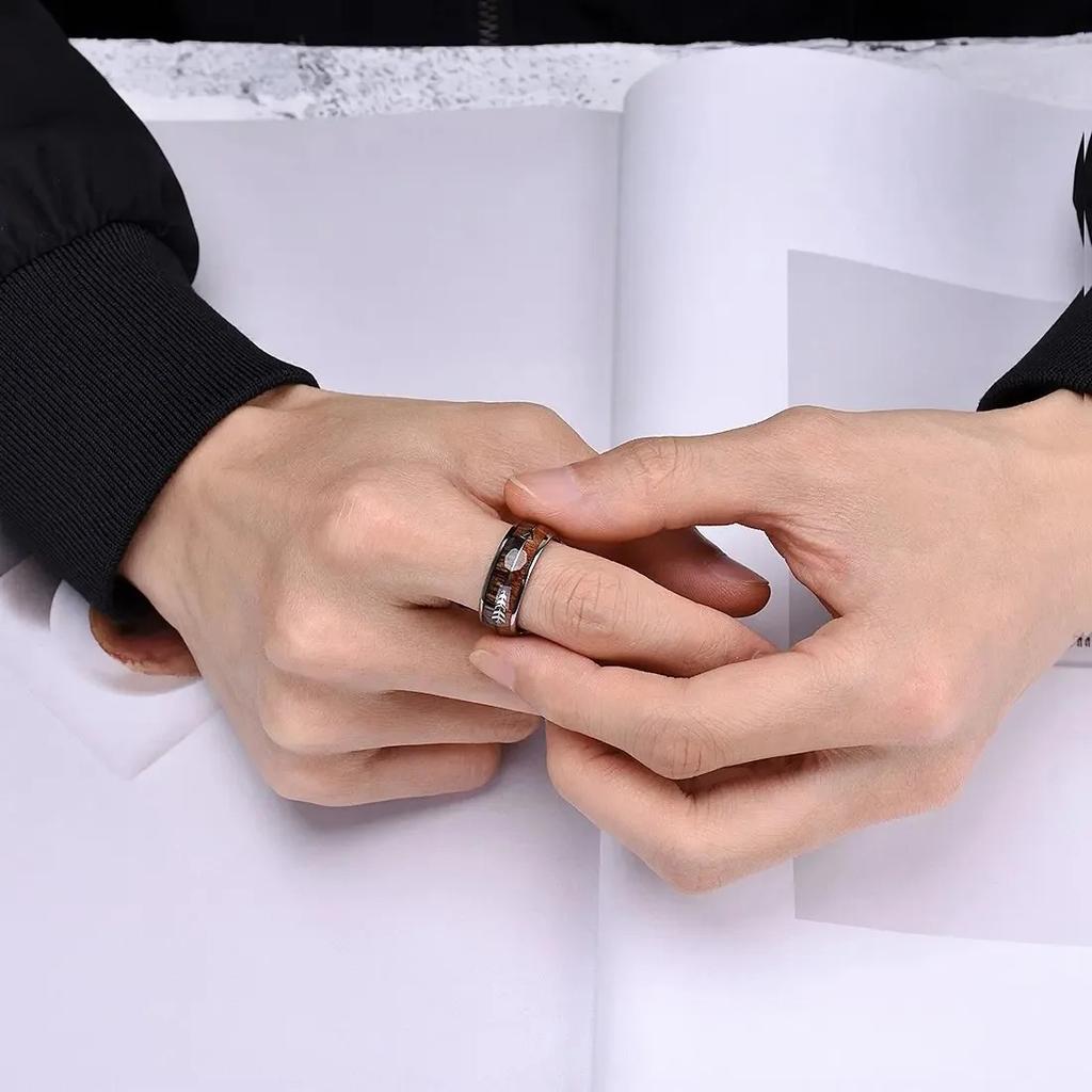 Fashion 8mm Copper Color Stainless Steel Arrow Rings for Men Women Inlaid Hawaiian Koa Wood Rings Men Wedding Band Jewelry Gifts