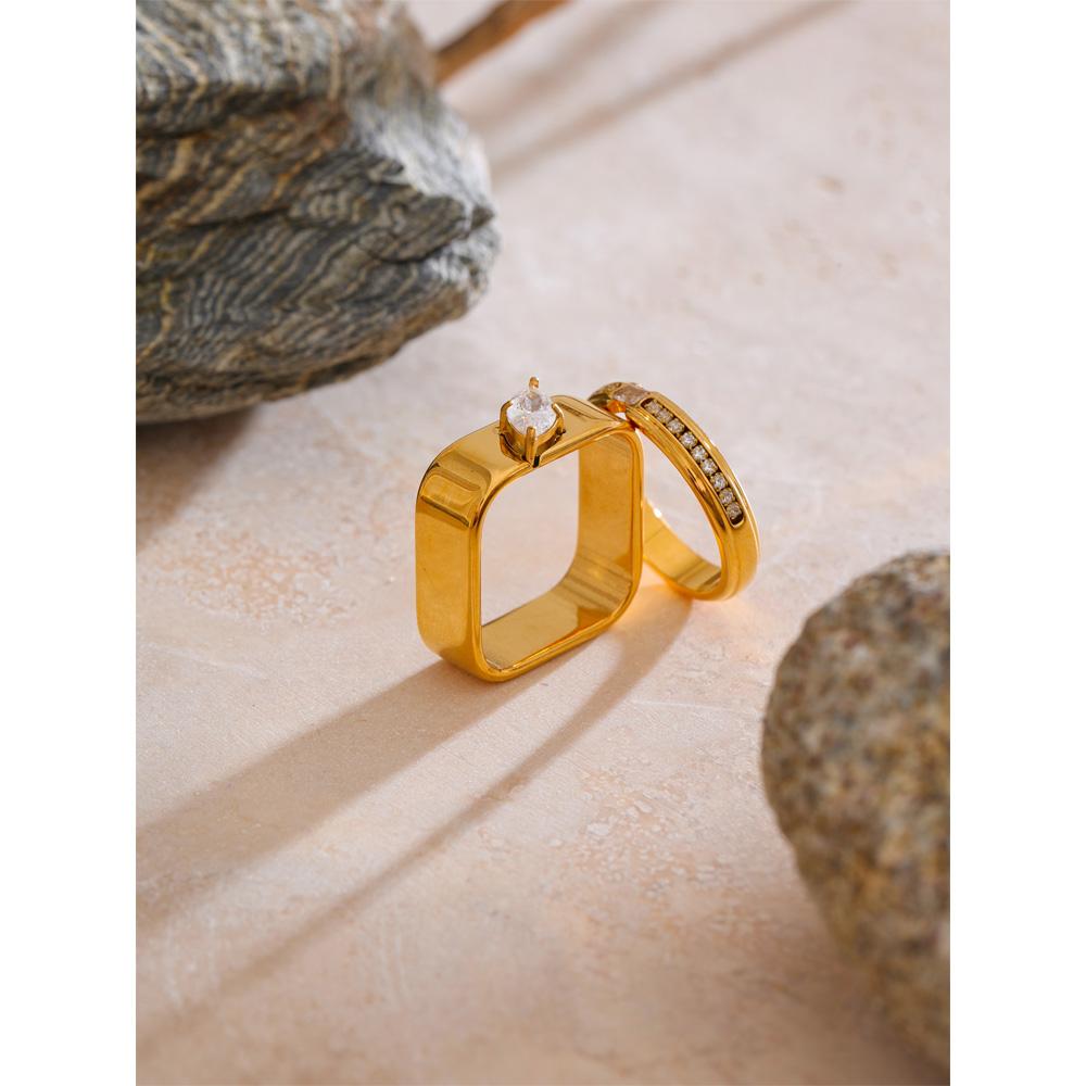 Eetit Size:678 Smooth Stainless Steel Zirconia Round Square Golden PVD Ring for Women Delicate Trendy Finger Jewelry Accessories