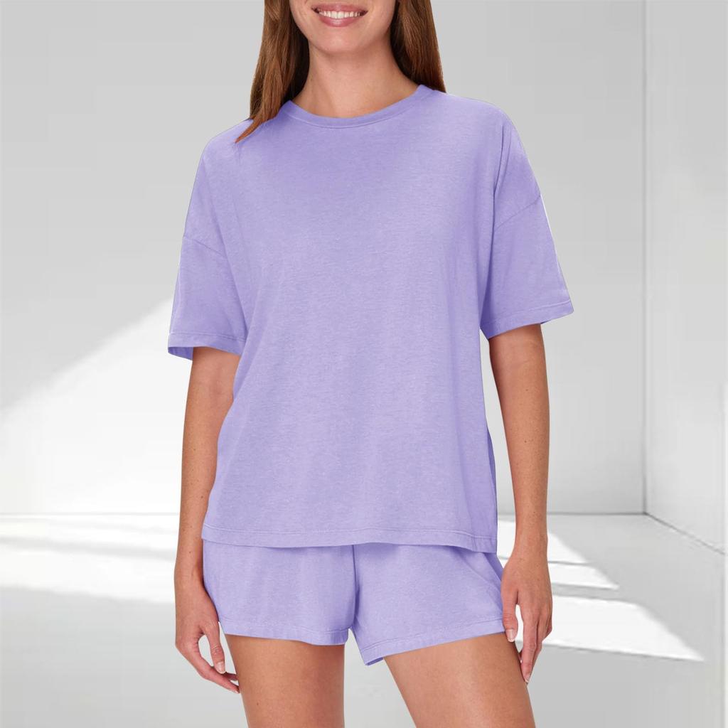 Women's Fashion Solid Color Home Wear Pajamas Loose Short-Sleeved T-Shirt Set