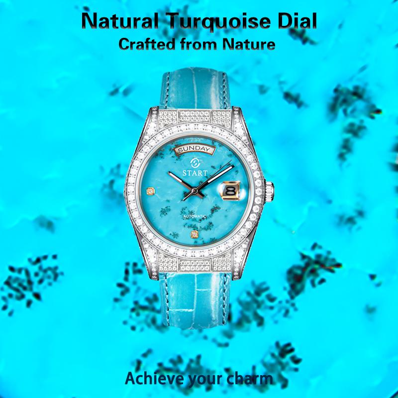 START-Turquoise Men's Watch Diamond Watch Week Function Automatic Mechanical Watch Butterfly Buckle Alligator Leather Strap