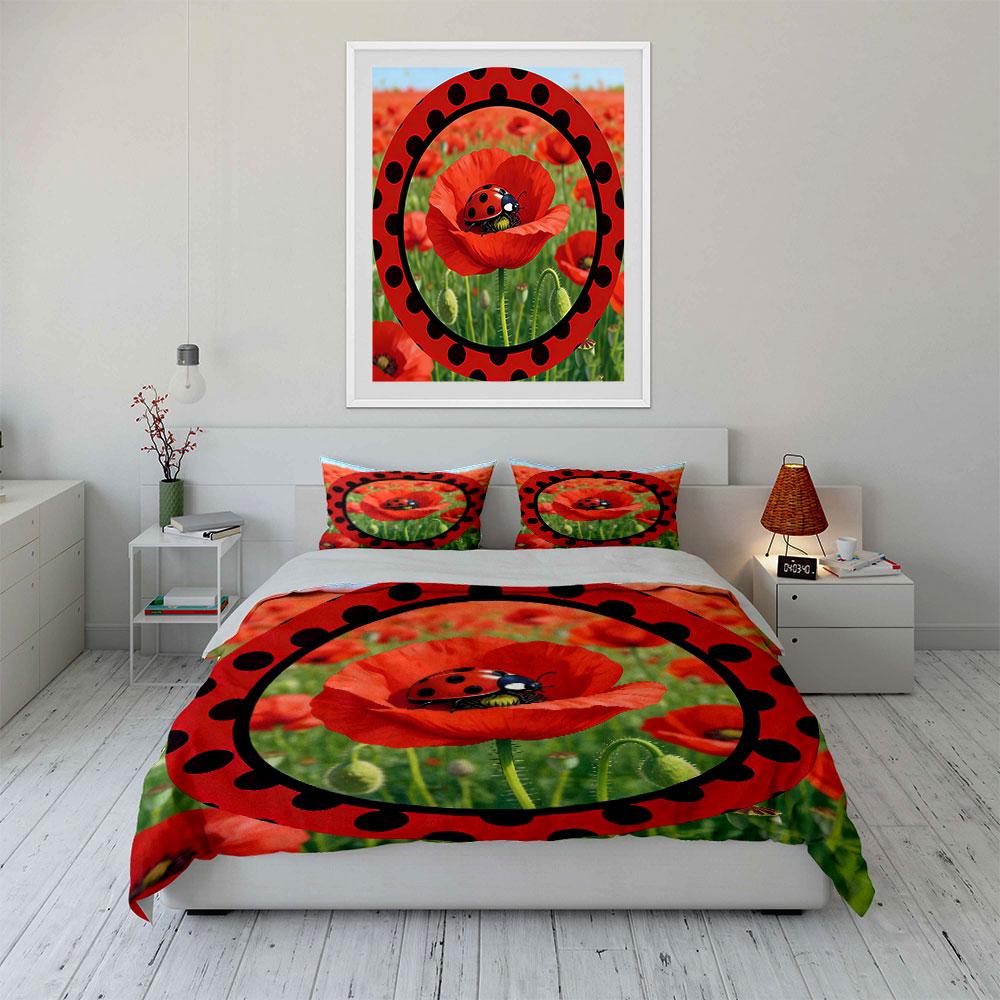 Ladybug Poppy Themed Decor Set Soft Comfortable Duvet Cover Bedding Set Included 1*Duvet Cover & 2*Pillowcases, Gift