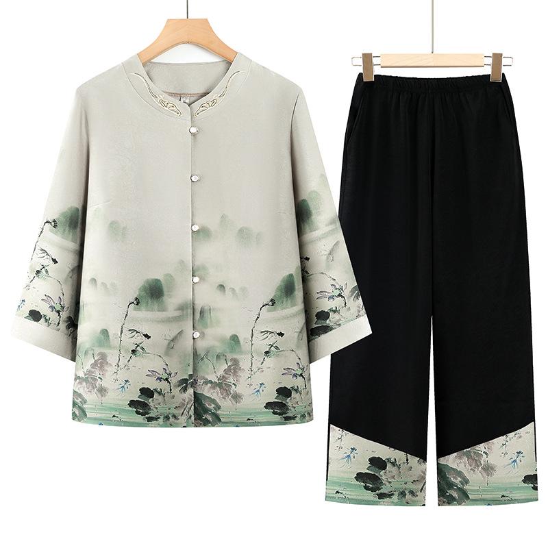 

Chinese Style Summer Cardigan Set: Mid-Sleeve Two-Piece for Elderly Women, Ideal for Ages 60-80 2XL (105-120 jin) світло-зелений колір