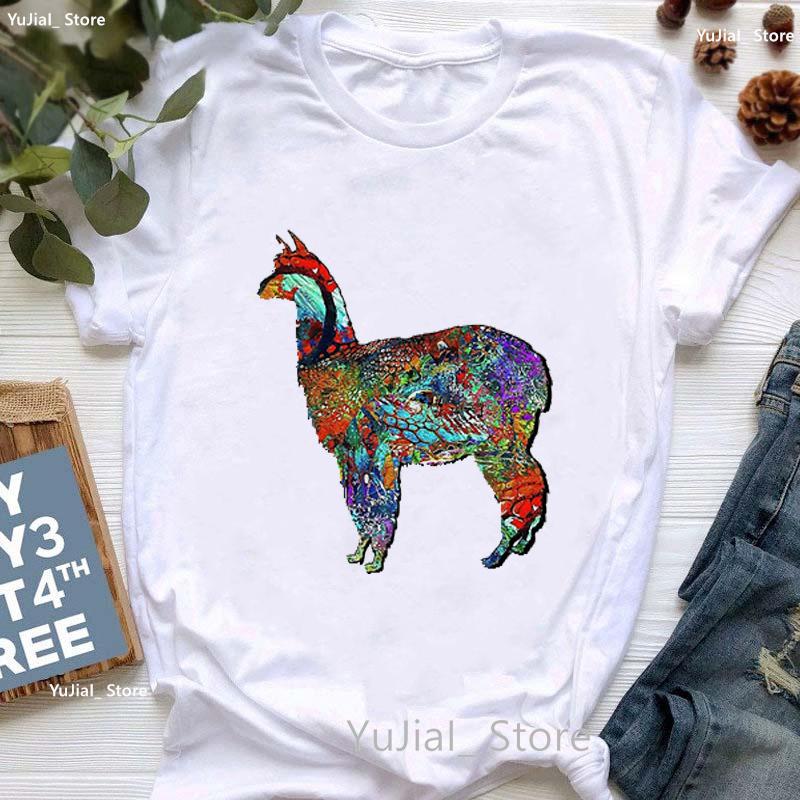 Kawaii Alpaca With Flowers And Coffee Print T Shirt Girls Summer Short Sleeve Tshirt Femme Fashion Tops Tee Shirt Female
