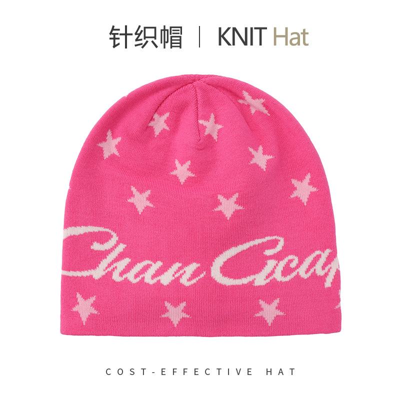 Fashion knitted hats men's and women's autumn and winter warm ear protection letter cold hat outdoor versatile big head circumference wool hat