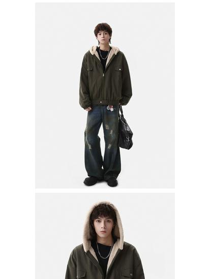 Zuoshan Diao Men's Hooded Cotton Jacket: Winter Velvet, Thick, Loose Fit, Youthful Trendy American Workwear Style.