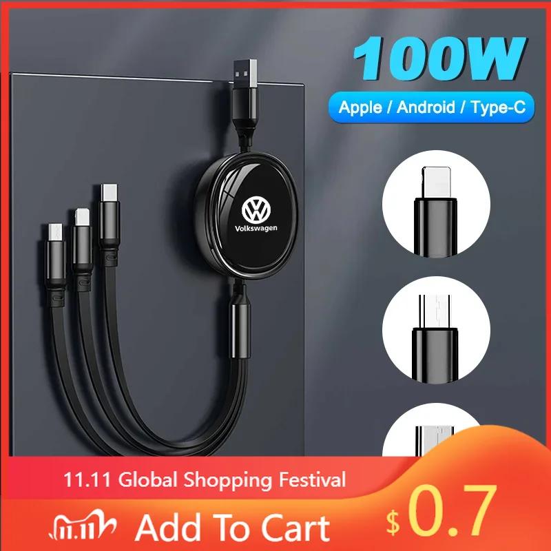 For VW 3In1 Retractable 100W Fast Charge Cable For iPhone USB Type C/Micro For Volkswagen VW R-line GTI R Polo Golf Passat Tig