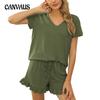 Sommer pyjamas for kvinner Hjem Todelt Uformell shorts med snøring Kortermet pyjamas