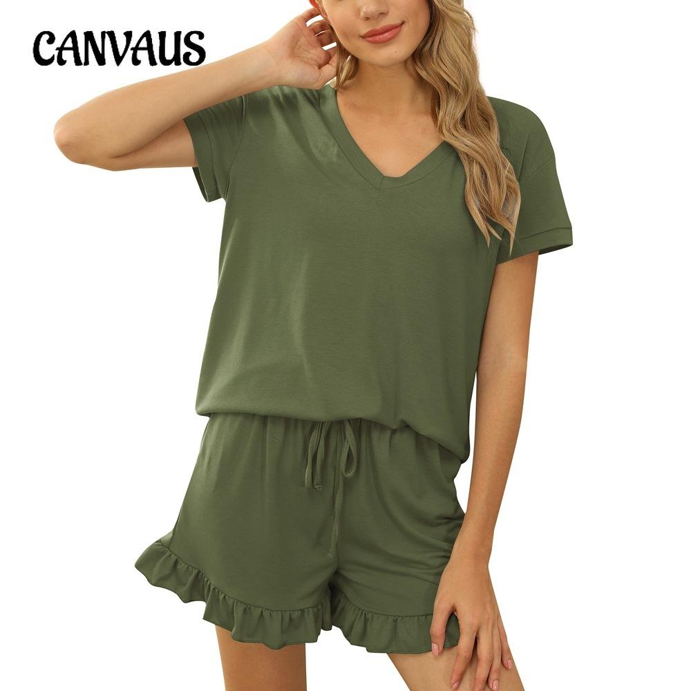 Sommer pyjamas for kvinner Hjem Todelt Uformell shorts med snøring Kortermet pyjamas