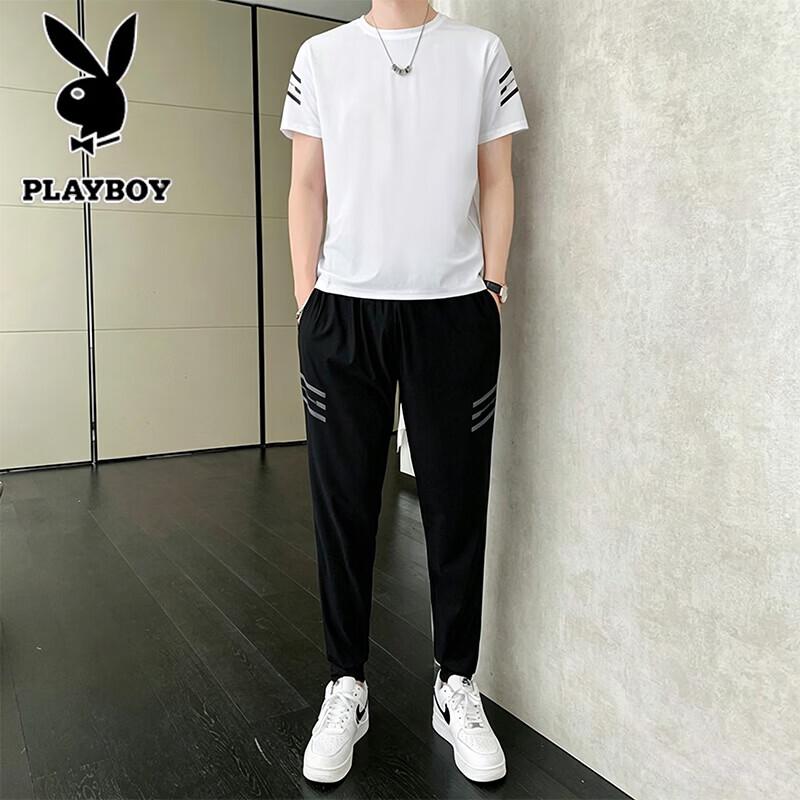 Playboy Men s Cooling Short Sleeve T-Shirt  Sports Pants Set XL