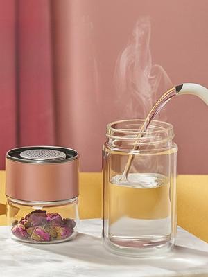 Tea Infuser Glass Cup - Double Wall Insulated & Heat-Resistant, Cute Portable Tumbler for Women, Summer Travel & Office Use