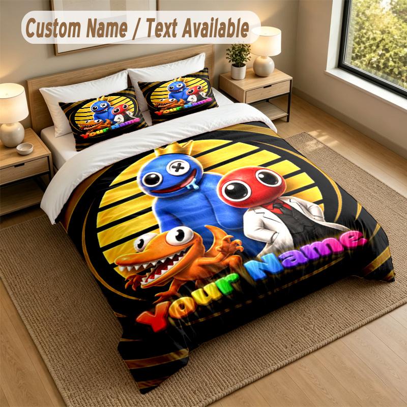 Custom Name Text Bedding 3Pcs Set,Rainbow Friends 1 Duvet Cover 2 Pillowcases Soft Bed Linen For Gift