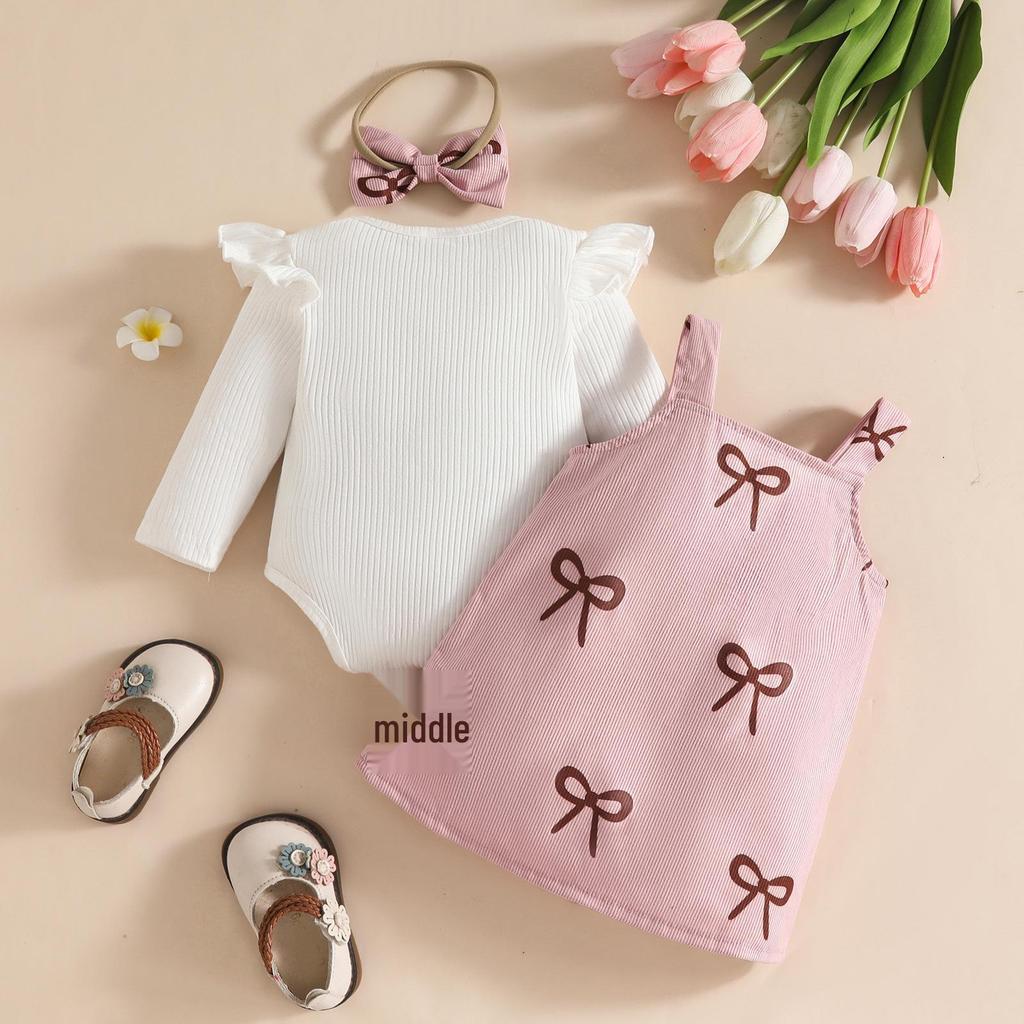 2025 Europe Autumn/Winter Cute Toddler Skirt Set: Flutter Sleeve Romper & Long Sleeve Printed Overalls