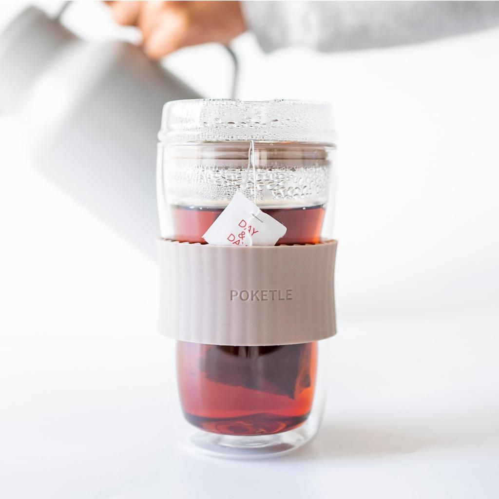POKETLE Glass Tumbler with Lid, 330ml, Double-Walled, Heat-Resistant, Dishwasher-Safe, BPA-Free, Vidro 330, Latte Beige