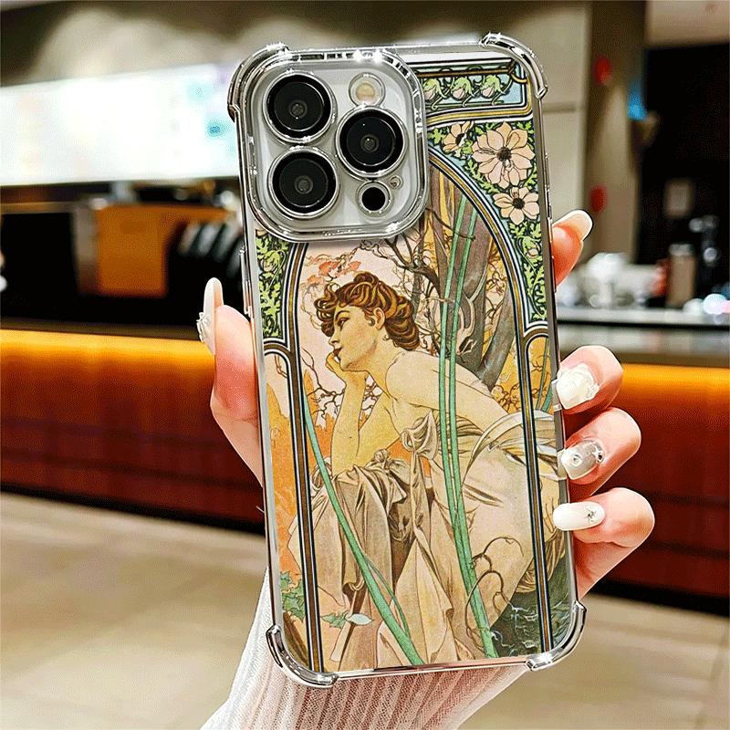 

Vintage Alfons Mucha Primavera Plating Phone Case For Iphone 16 17 Pro Max Air 16E 14 15 Plus 12 13 Mini Anti-Fall Airabag Cover iPhone 15 Pro