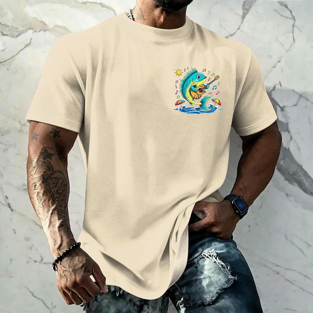 Men's Vintage Textured Print Short Sleeve T Shirt Loose Fit Casual Summer Daily Wear Top with Graphic Fish Design