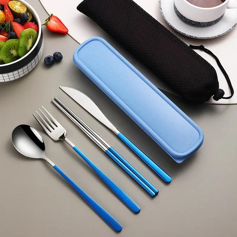 Tableware Set 304 Stainless Steel Portable Cutlery Dinner Knife Fork Spoon Chopsticks Four-piece Suit with Box Travel Flatware