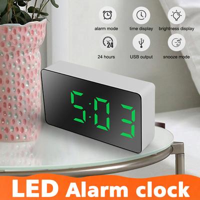 1Pc White LED Mirror Table Clock Snooze Display Time Night Light Desktop USB Alarm Clock Home Decor