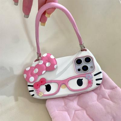 3D Hello Kitty Brille Niedliche Rosa Schleife Süße Handyhülle Für iPhone 16 15 14 13 12 11 Pro Max 16 PLUS Handschlaufe Kordel Rückseite