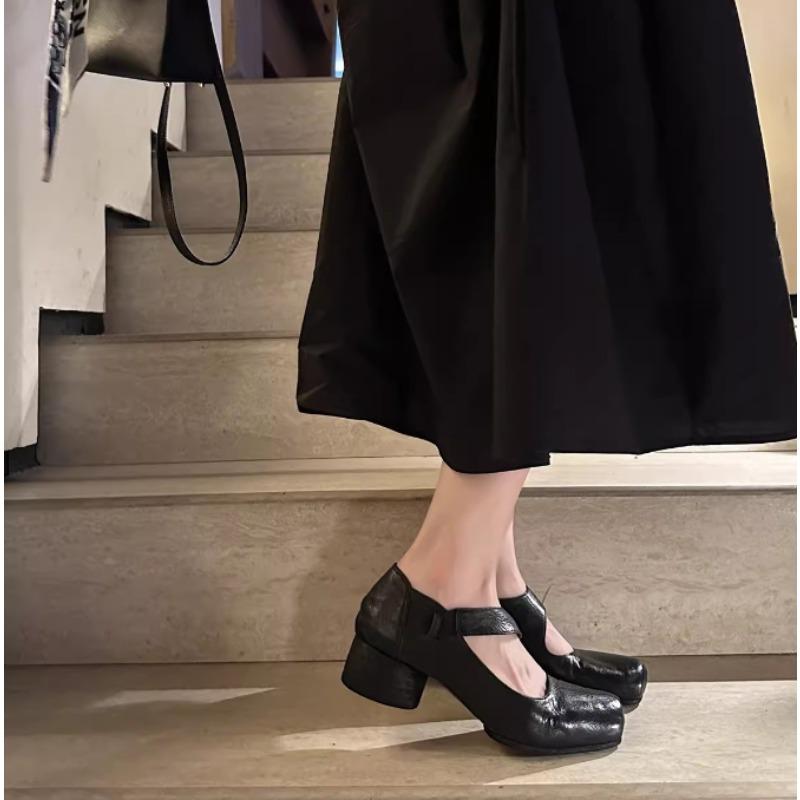 Fashion Fashion Mary Janes Women Pumps Comfortable Genuine Leather Ankle Strap Thick High Heels Shoes Retro Square Toe Women Shoes