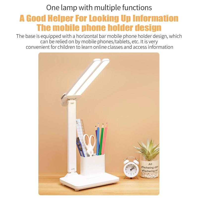 USB Rechargeable Table Lamp Adjustable Brightness Eye Protection Desk Light Touch Dimming Table Light LED Double-Head Desk Lamp With Holder