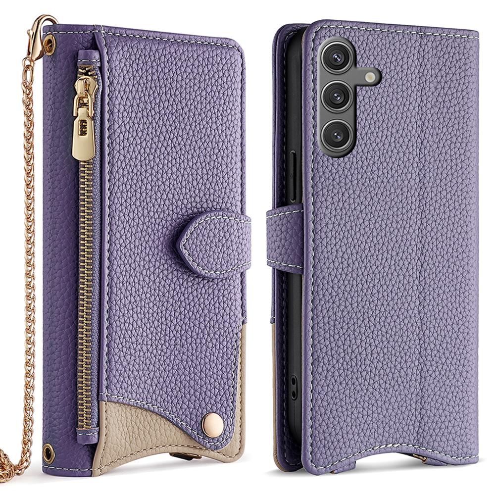 

Шкіряний чохол-гаманець-стійка для Samsung Galaxy S24 FE нестандартного дизайну з ланцюжком-ремінцем Purple