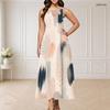 Women Plus Size Round Neck Triple Keyhole Cutout Sleeveless Abstract Floral Leaf Printed Long Dress