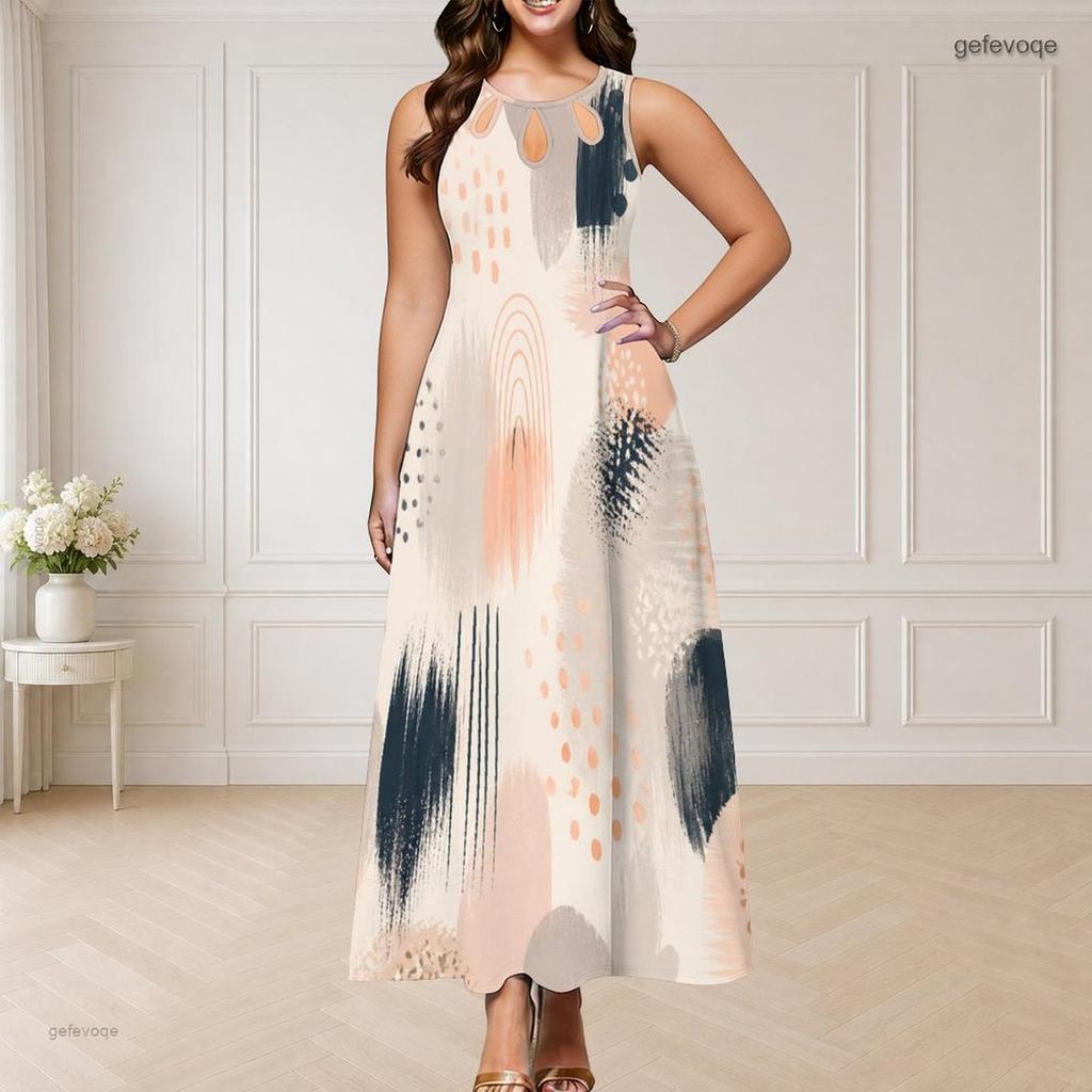 Women Plus Size Round Neck Triple Keyhole Cutout Sleeveless Abstract Floral Leaf Printed Long Dress