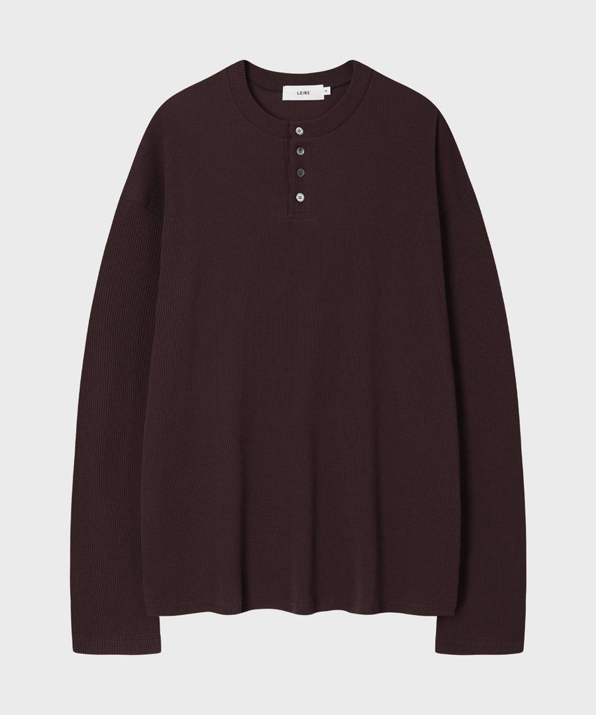 LEIRE Waffle Henley Neck Long Sleeve T-Shirt [Burgundy]