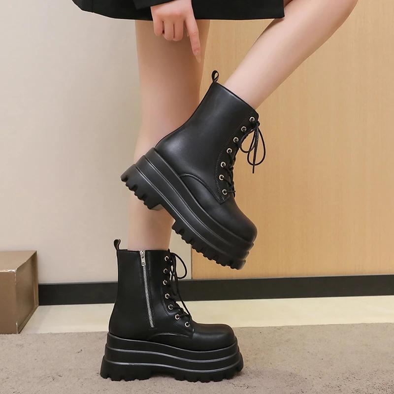 New Sexy Chain Women Leather Autumn Boots Block Heel Gothic Black Punk Style 8.5CM Platform Shoes Female Footwear High Quality