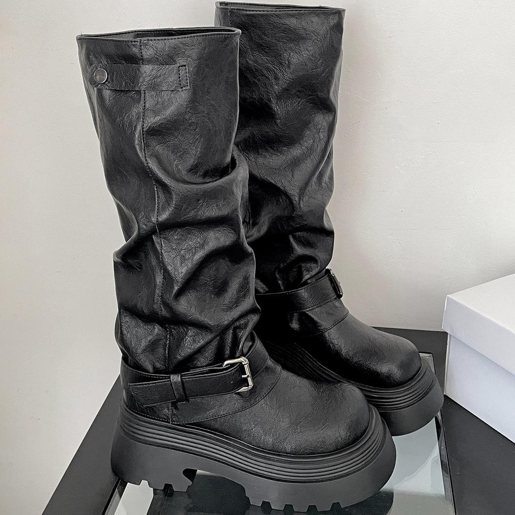 Hnědé dámské boty na platformě s tlustým podpatkem v britském stylu, nové podzimní boty 2025, zvyšující výšku a tenké kalhoty, jezdecké boty