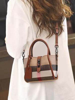 Sac à main à carreaux Aidrani pour femme, style mini, en toile et cuir de vache marron