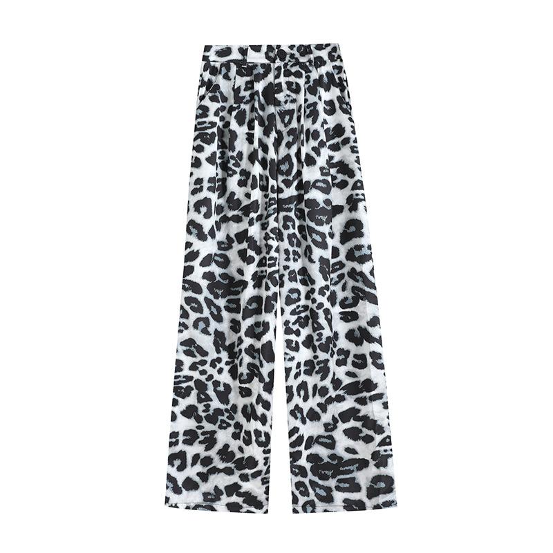 Leopard Print Wide Leg Pants Women Summer High Waist Slimming Straight Leg Casual Floor Pant