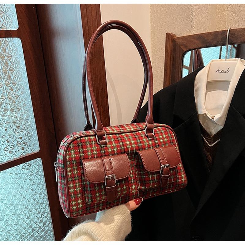 

Woolen plaid commuter small bag women s new fashion pillow bag autumn and winter versatile underarm bag красный