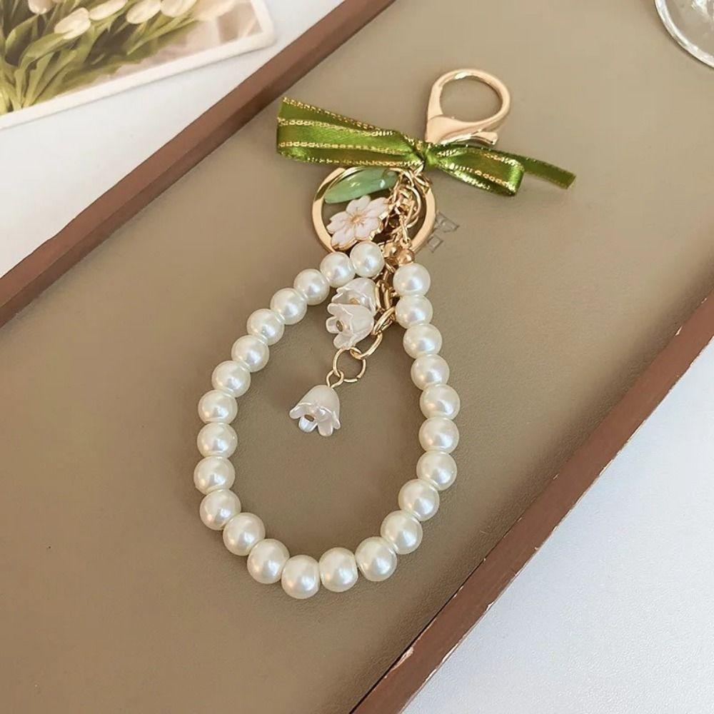 Pretty Green Ribbon Bow Key Chain Ins Pearl Strap Key Ring Bell Orchid Pendant Keychain  Girl