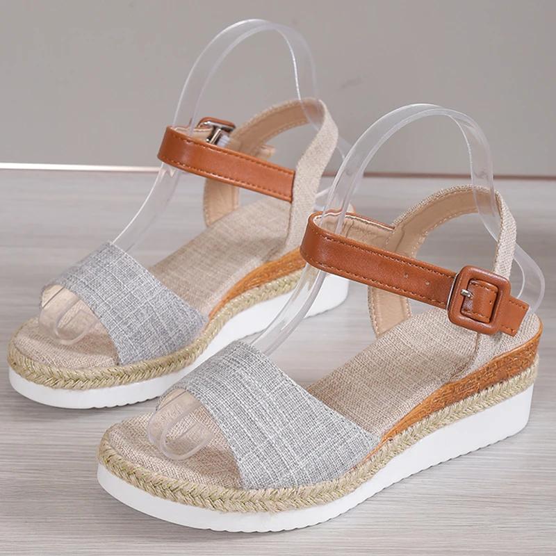 

2025 Women s Sandals Peep Toe Wedges Heels Sandals Summer Shoes Woman Low Platform Sandalias Mujer Non-slip Hemp Heeled Shoes 35