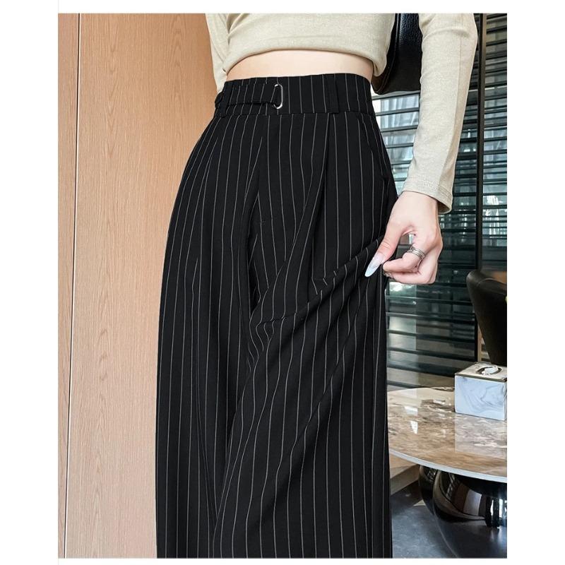 Herbst Vintage Gestreifte Lockere Damen Weite Hosen Knöpfe Frühling Hohe Taille Gerade Büro Voll Langes Hosen