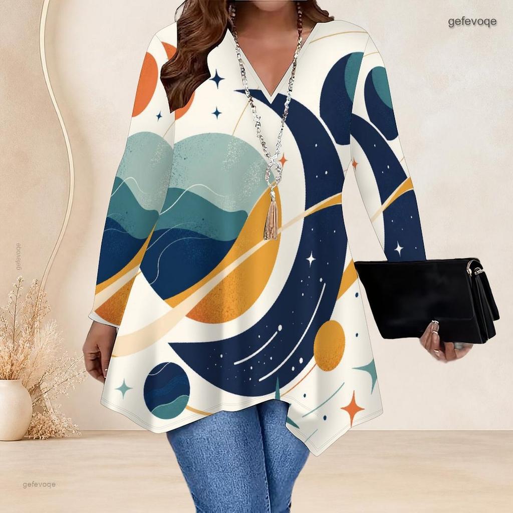 Plus Size Ladies V Neck Long Sleeve Loose Casual Blouse With Irregular Split Hem
