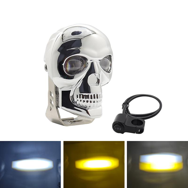 Motorcycle LED Skull Headlight Work Spot Driving Fog Light Dual Color Spotlights for Motorbike Truck Trailer Offroad ATV SUV