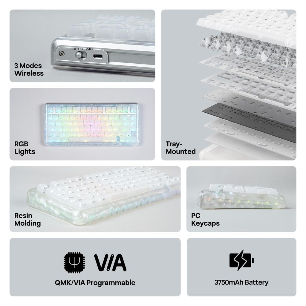 KiiBOOM Jade75 Resin Molded Wireless Mechanical Keyboard with RGB Wireless Gaming Compatible 75% CNC+UV Backlight, BT5.0/USB-C/2.4GHz Keyboard,