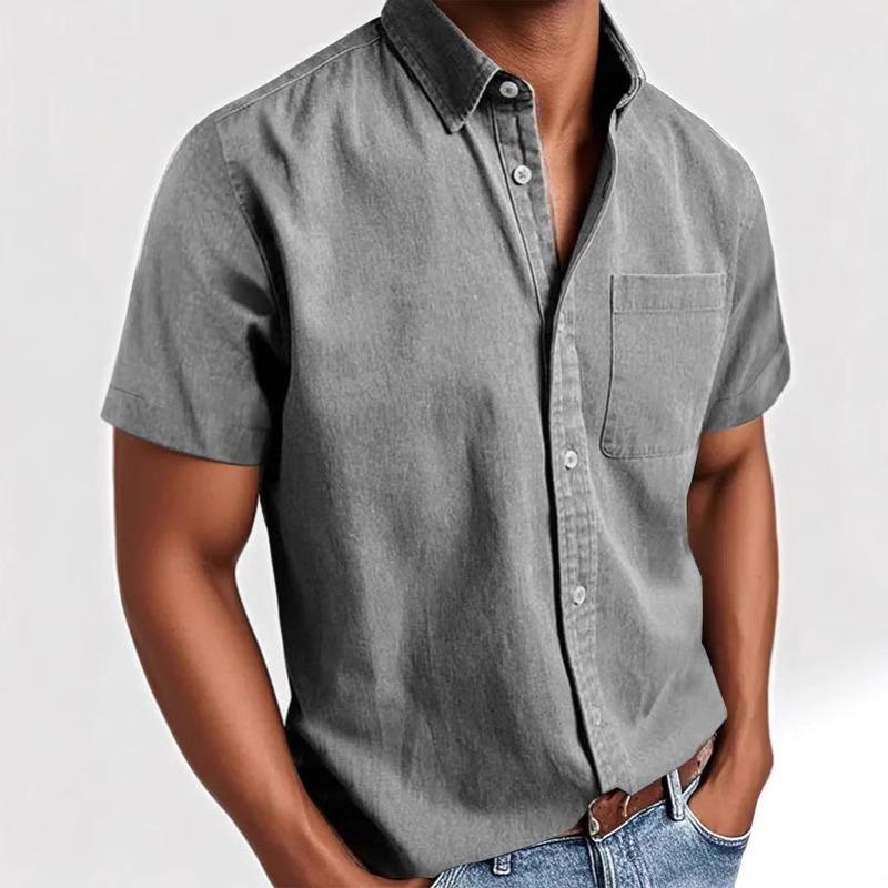 Summer Lapel Solid Color New Pocket Single Breasted Shirt Men's Short Sleeve Shirt Tops