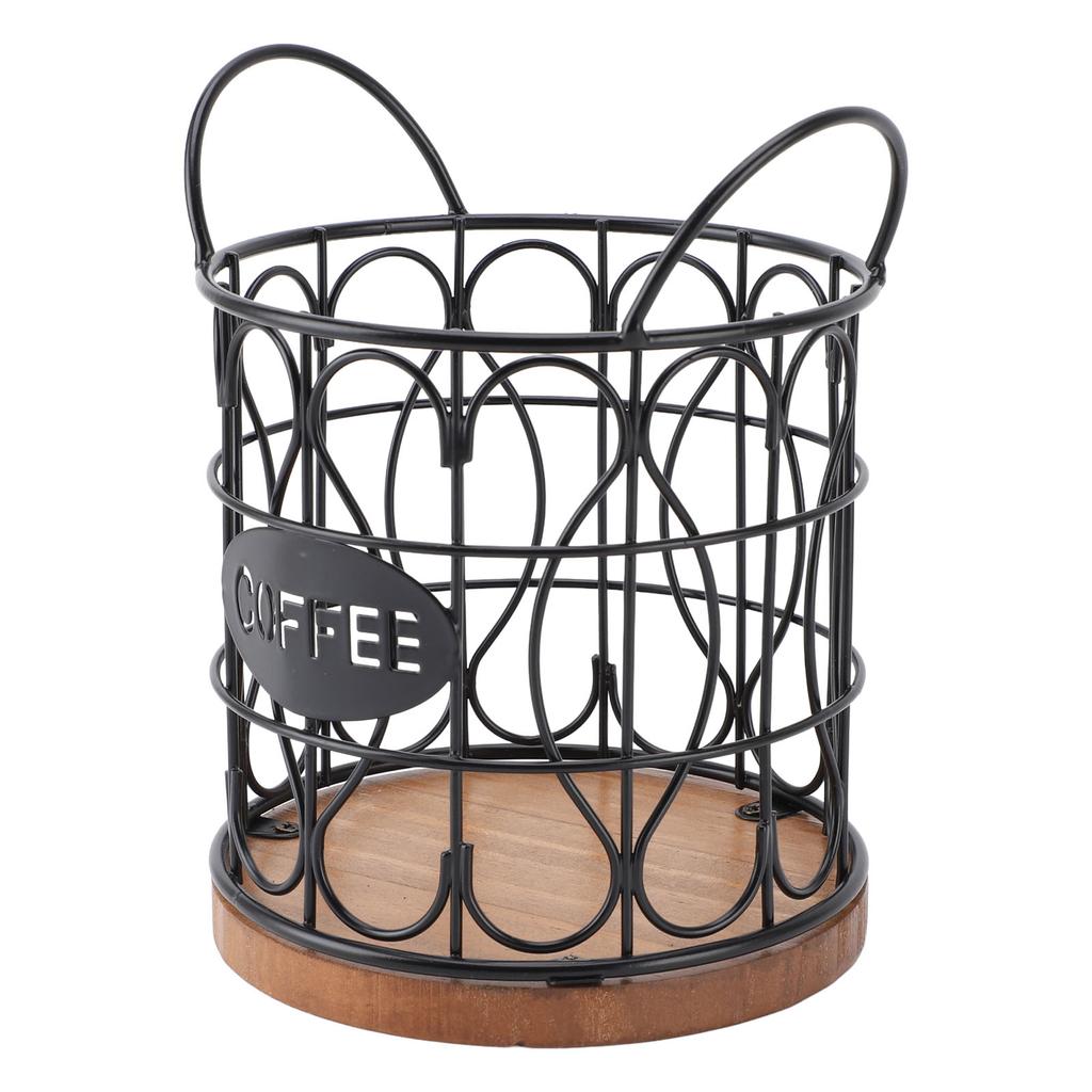 Coffee Pod Basket Decorative Round Wire Coffee Capsule Holder with Wooden Base for Cafe Kitchen Countertop