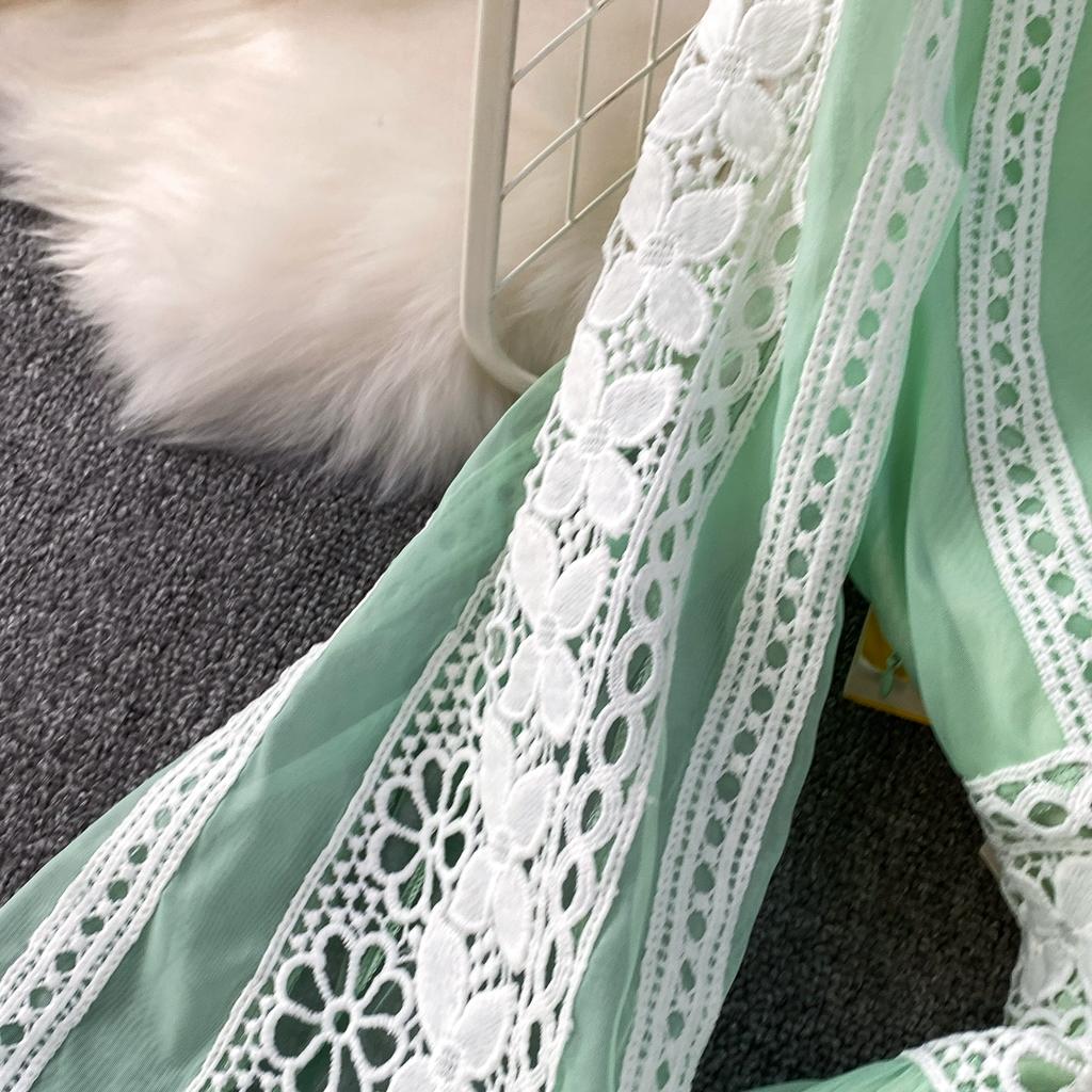 Vestidos de Noite de Baile de Outono de Designer de Luxo Vazados Bordados Para Mulheres Renda Patchwork Decote em V Manga Longa Lanterna Maxi Robe