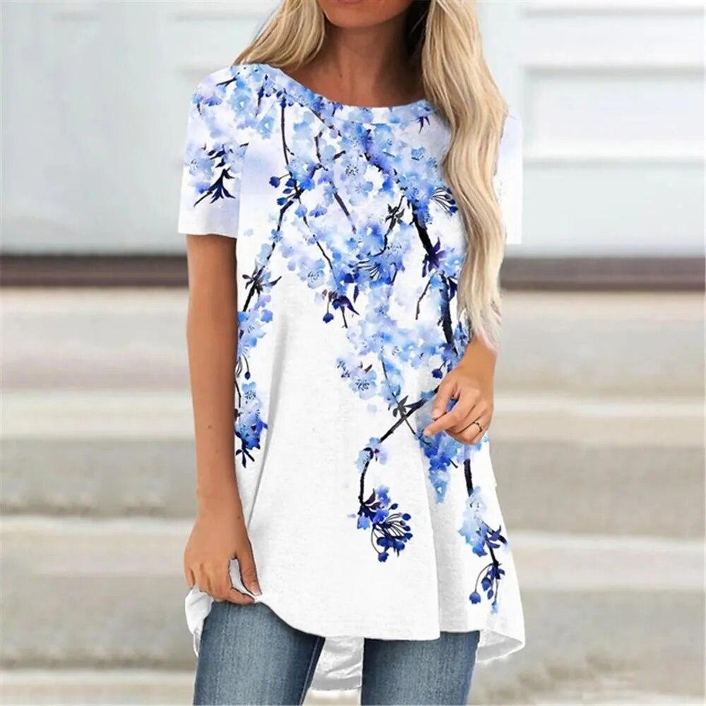 

Flower 3D Printing O-Neck Pullover Summer Women Tops For Fashion Splice Cute TShirts Ladies Casual Loose Short Sleeve T-Shirts