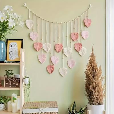 Ručně tkaná makramé girlanda s listy - Boho závěs na zeď pro čelo postele v ložnici a obývací pokoj ve stylu mid-century | | 47,5x29,5 6 stop Texturované listové umění