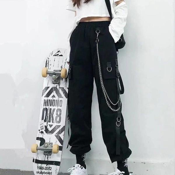 

Женские готические модные комбинезоны с высокой талией и эластичной резинкой на талии, брюки в стиле хип-хоп с цепочкой в ​​стиле панк, повседневная уличная технологичная одежда, большие размеры S-4XL M чёрный