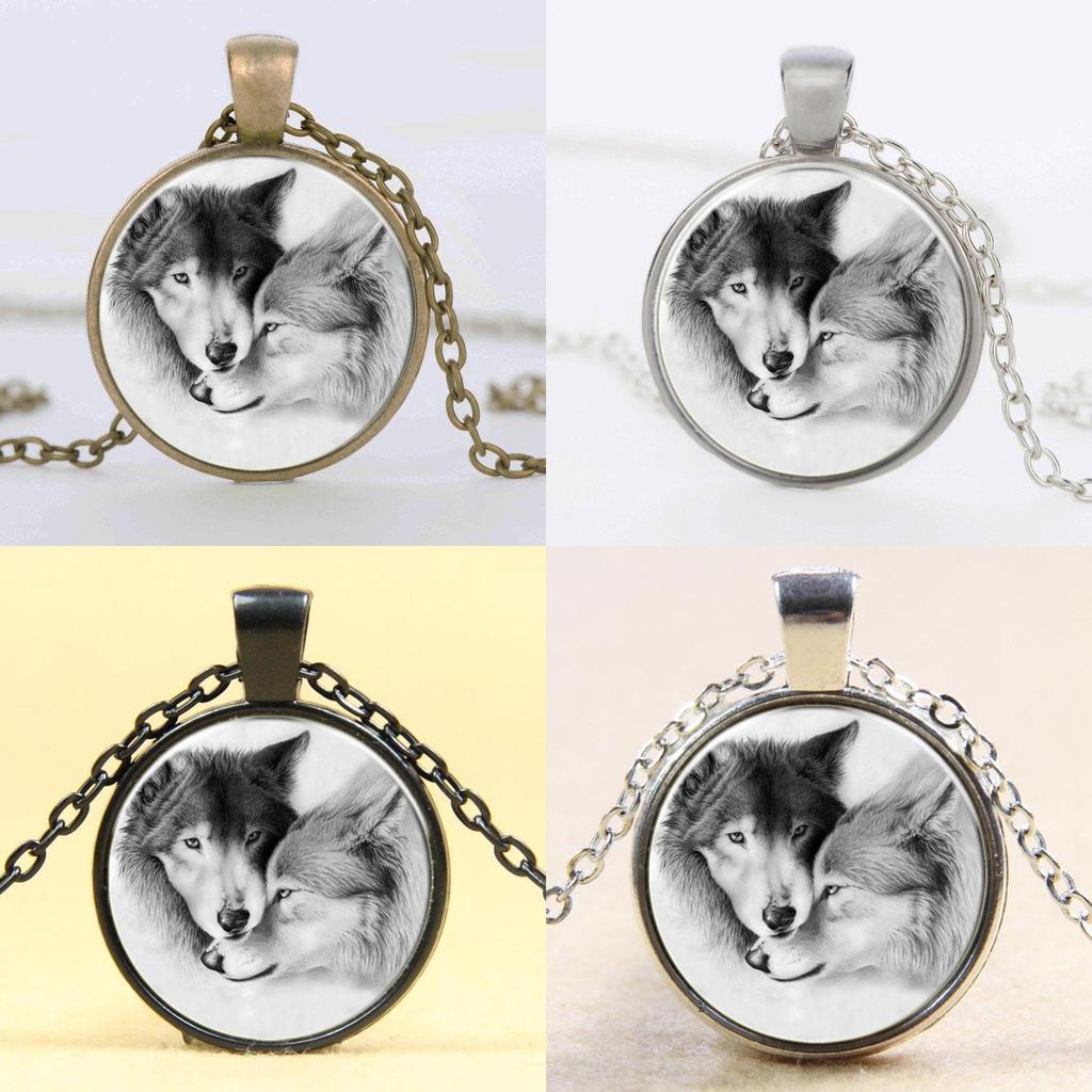 Women Jewelry Double Wolf Glass Pendant Necklace With Vintage Crystals And Elegant Chain